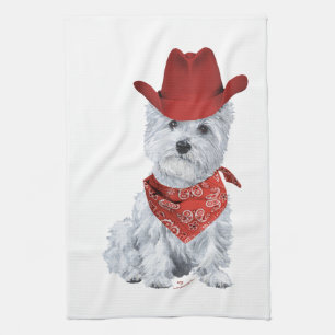 Westie Cowboy in Rot Geschirrtuch