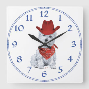Westie Cowboy in Rot Quadratische Wanduhr