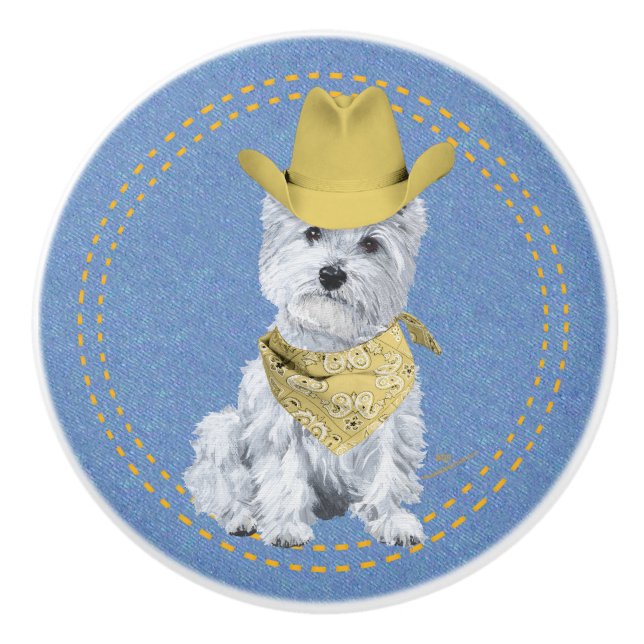 Westie Cowboy Keramikknauf (Vorderseite)