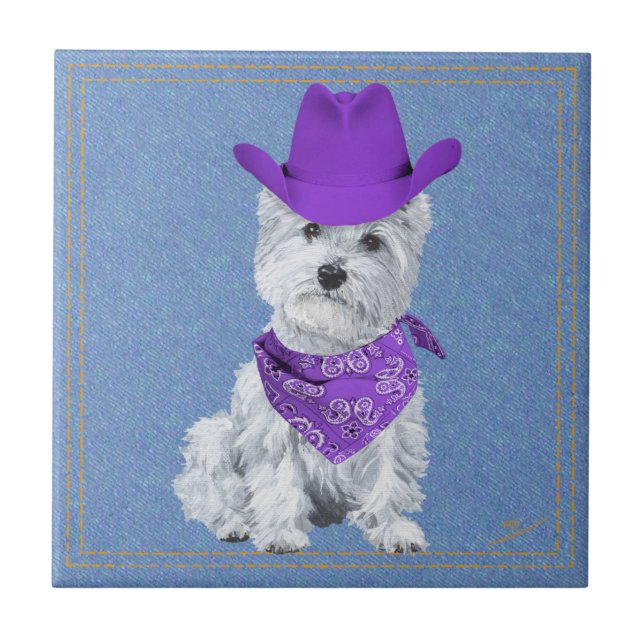 Westie Cowboy on Denim Fliese (Vorderseite)