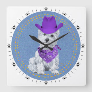 Westie Cowboy on Denim Quadratische Wanduhr