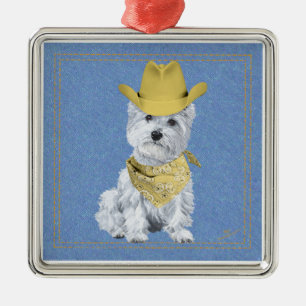 Westie Cowboy on Denim Silbernes Ornament