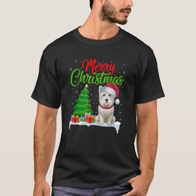 Westie Dog Christmas Tree Lights Funny Xmas Westie T-Shirt (Vorderseite)