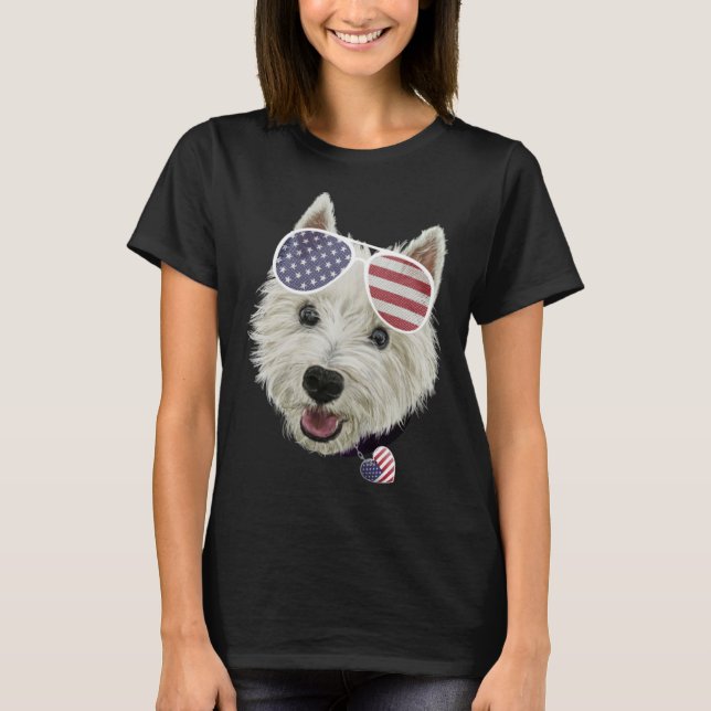 Westie Dog Fourth Of July USA Flag Glasses And Hea T-Shirt (Vorderseite)