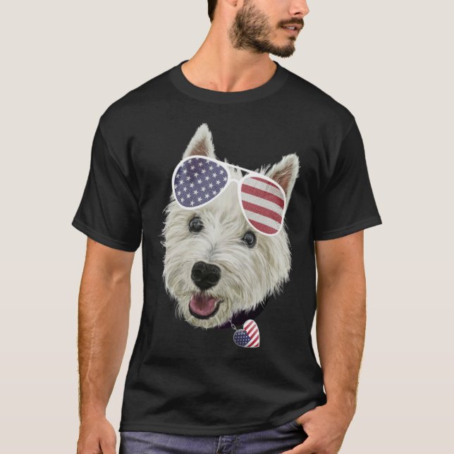 Westie Dog Fourth Of July USA Flag Glasses And Hea T-Shirt (Vorderseite)