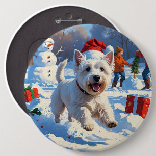 Westie läuft im Schnee mit Weihnachtshut Button