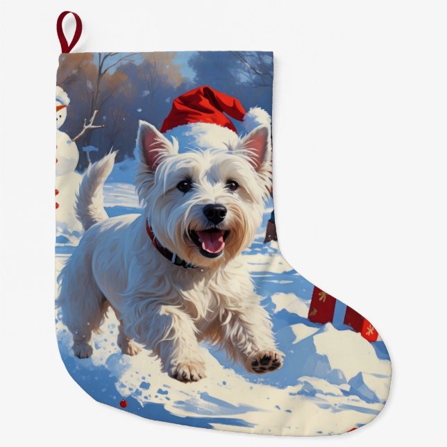 Westie läuft im Schnee mit Weihnachtshut Großer Weihnachtsstrumpf (Vorderseite)