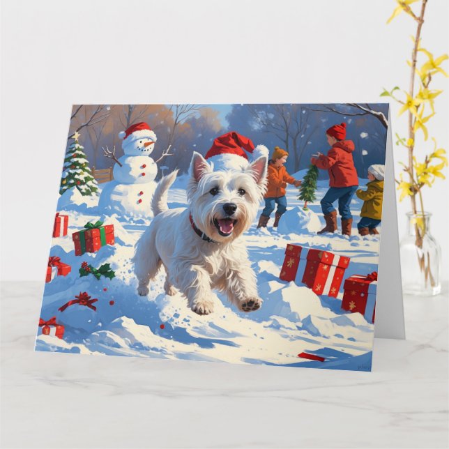 Westie läuft im Schnee mit Weihnachtshut Karte (Gelbe Blume)