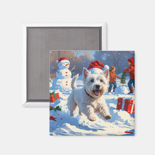 Westie läuft im Schnee mit Weihnachtshut Magnet