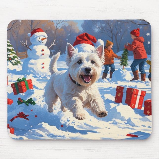 Westie läuft im Schnee mit Weihnachtshut Mousepad (Vorne)