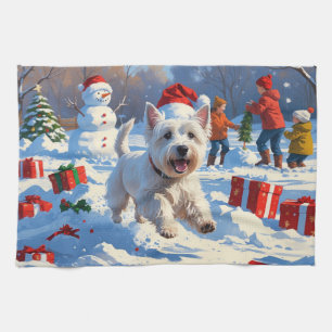 Westie läuft im Schnee mit Weihnachtsmütze Geschirrtuch