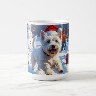 Westie läuft im Schnee mit Weihnachtsmütze Kaffeetasse