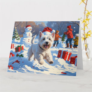 Westie läuft im Schnee mit Weihnachtsmütze Karte