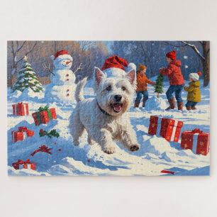 Westie läuft im Schnee mit Weihnachtsmütze Puzzle