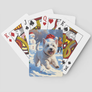 Westie läuft im Schnee mit Weihnachtsmütze Spielkarten