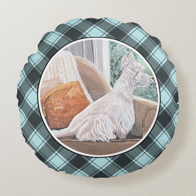 Westie Looking Out a Window Rundes Kissen (Vorderseite)