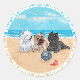 Westie mit Cairn Terriern am Strand Runder Aufkleber