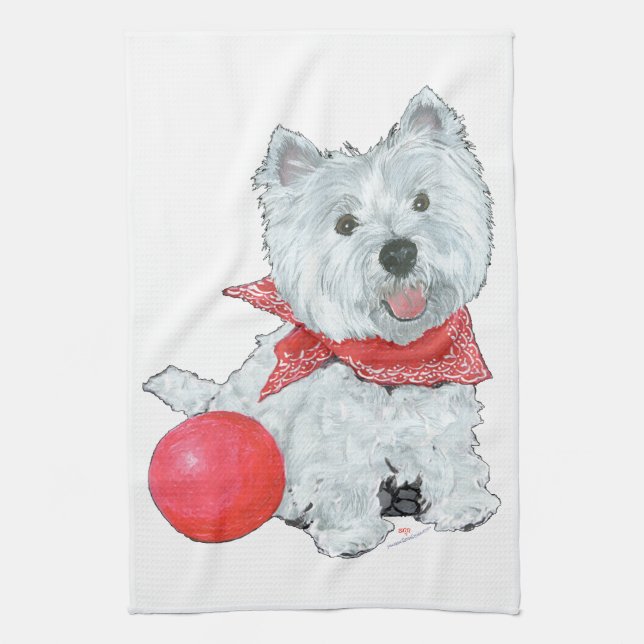 Westie mit rotem Ball Handtuch (Vertikal)