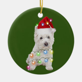 Westie mit Weihnachts-Scafts Weihnachtsmannmütze G Keramik Ornament