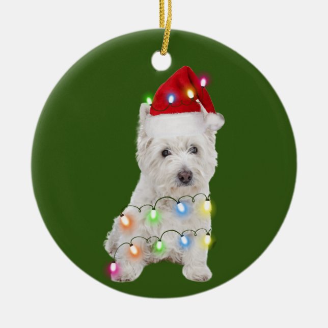 Westie mit Weihnachts-Scafts Weihnachtsmannmütze G Keramik Ornament (Vorne)
