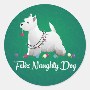 Westie oder West Highland Terrier Feliz Naughty Do Runder Aufkleber