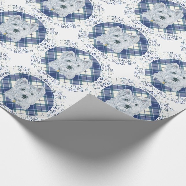 Westie on Tartan Geschenkpapier (Ecke)