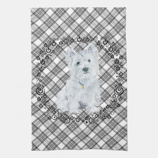 Westie on Tartan Geschirrtuch (Vertikal)
