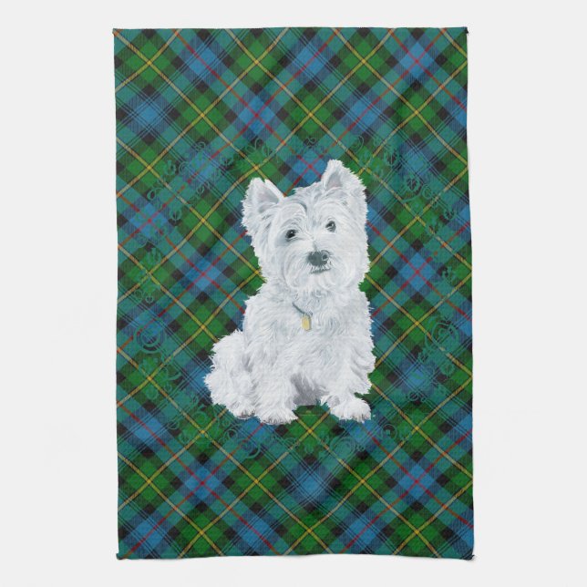 Westie on Tartan Küchentuch (Vertikal)