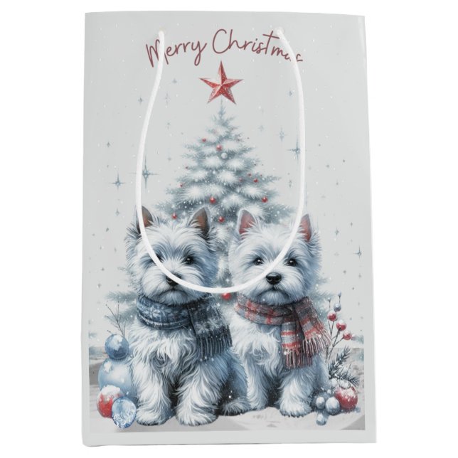 Westie Pair Weihnachtsgeschenke Mittlere Geschenktüte (Vorderseite)