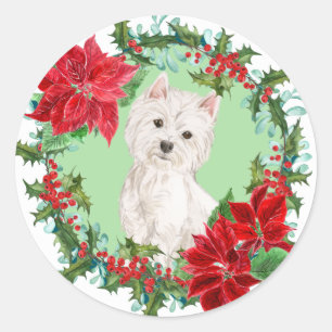 Westie Poinsettia Holly Holiday Wreath Runder Aufkleber