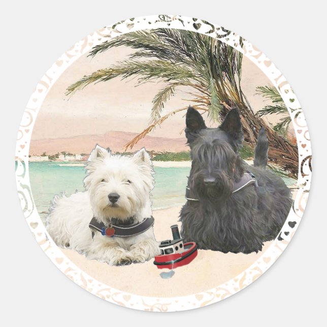 Westie & Scottie am Palmy Beach Runder Aufkleber (Vorderseite)