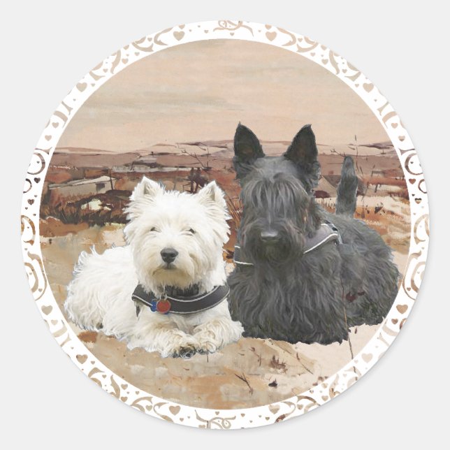 Westie & Scottie Gemeinsam Herbst Runder Aufkleber (Vorderseite)