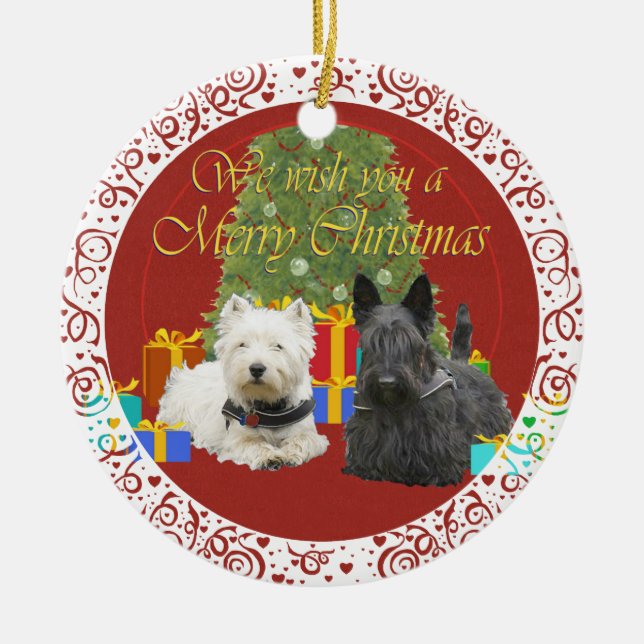 Westie & Scottie Merry Christmas Keramikornament (Vorne)