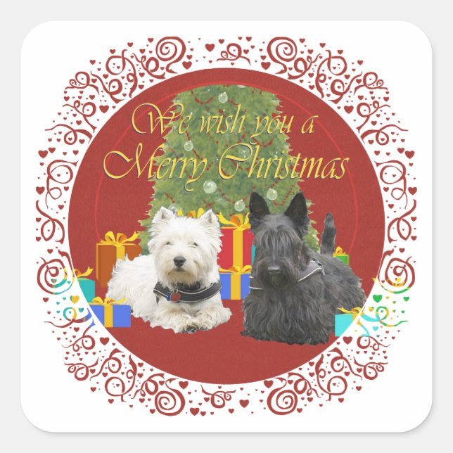 Westie & Scottie Merry Christmas Quadratischer Aufkleber (Vorderseite)