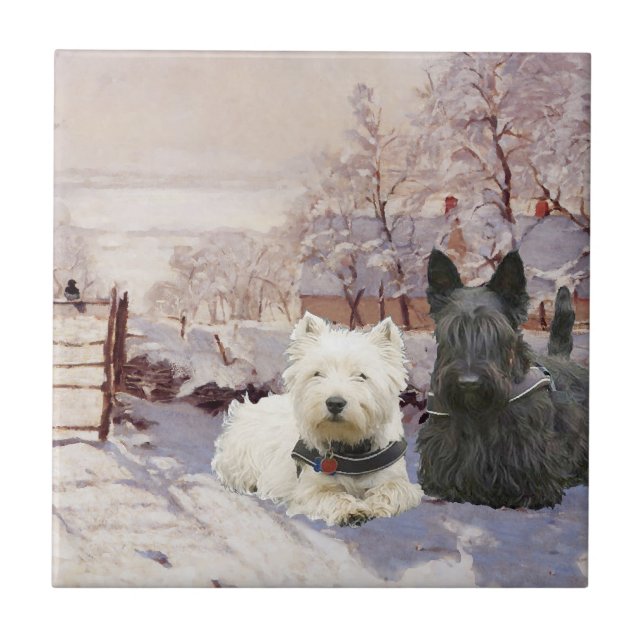 Westie & Scottie Winter Magpie Fliese (Vorderseite)