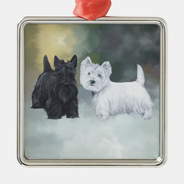 Westie Scottie Wintertime Silbernes Ornament (Vorne)