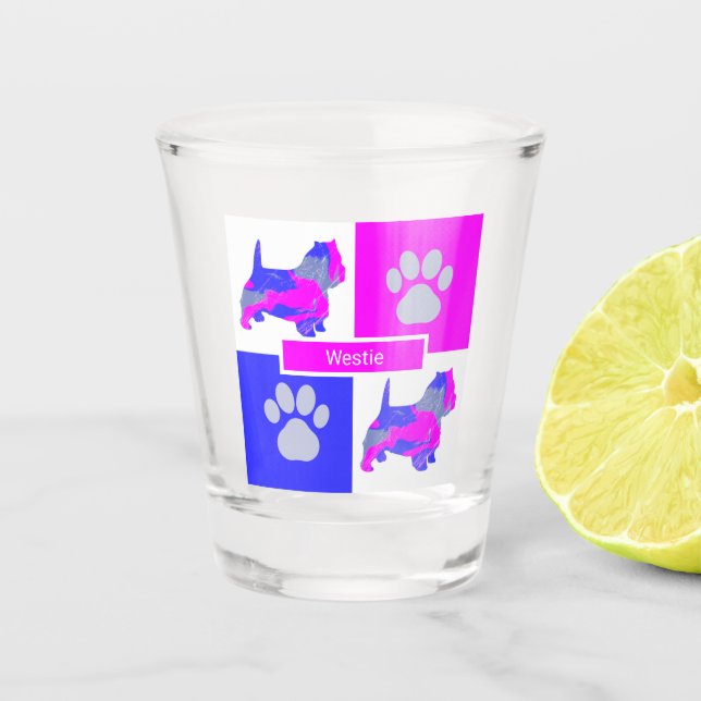 Westie Silhouette Dog & Paw Pink Blue Square Schnapsglas (Vorderseite)
