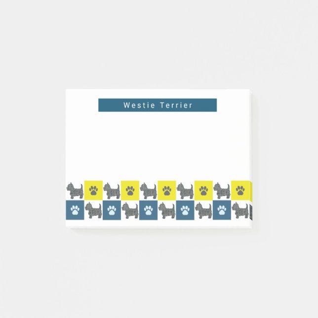 Westie Terrier Dog & Paw Yellow &Blue Grid Post-it Klebezettel (Vorderseite)