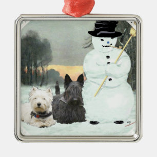 Westie und Scottie bauen einen Schneemann Silbernes Ornament