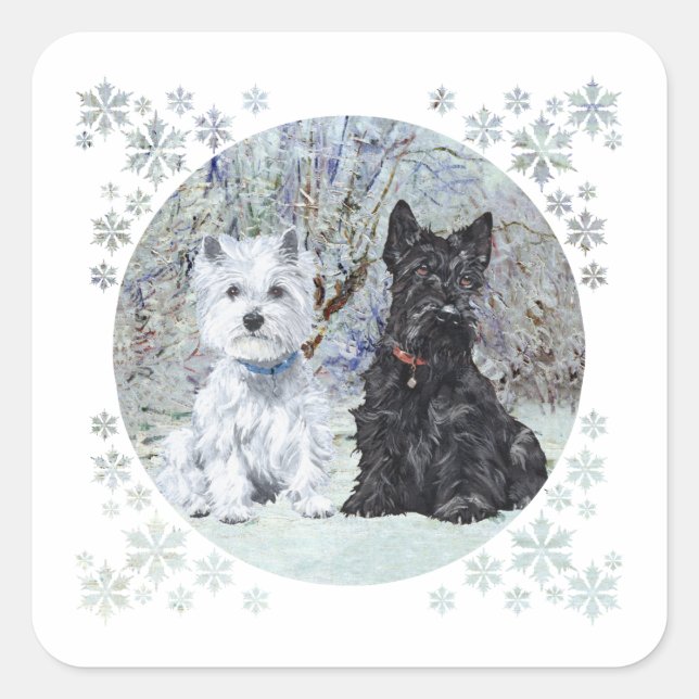 Westie und Scottie in Snowy Landscape Quadratischer Aufkleber (Vorderseite)