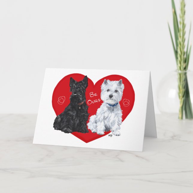 Westie und Scottie Valentine Feiertagskarte (Vorderseite)