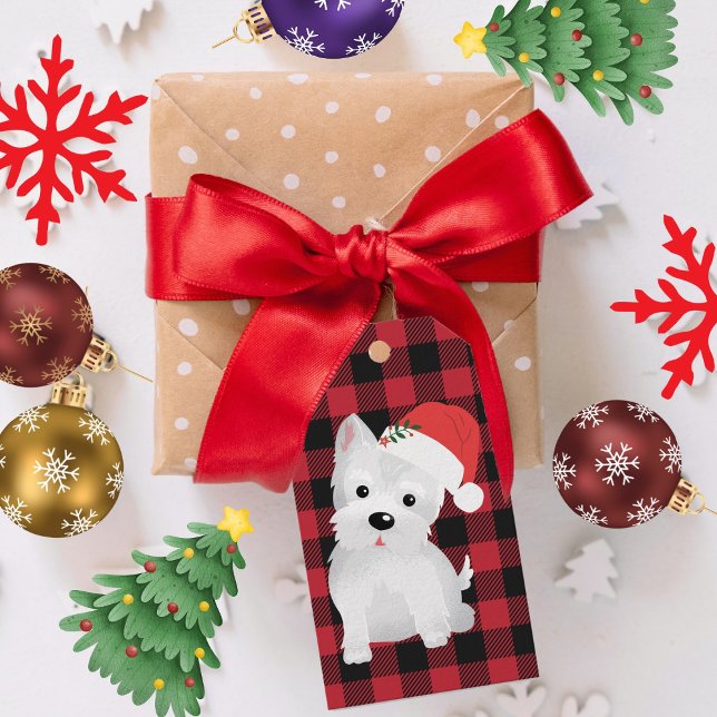 Westie Weihnachtsmannmütze Buffalo Kariertes Urlau Geschenkanhänger (West Highland Dog With Santa Hat Buffalo Plaid Gift Tags)