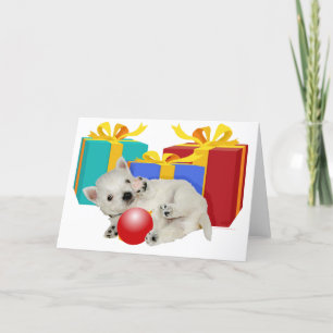Westie-Welpe mit Weihnachtsgeschenken Feiertagskarte