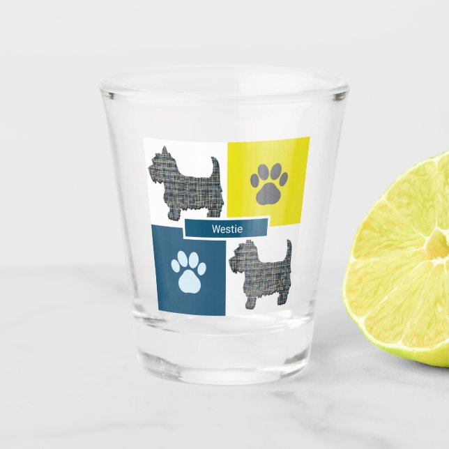 Westie West Highland Silhouette Dog & Paw Y&B Grid Schnapsglas (Vorderseite)