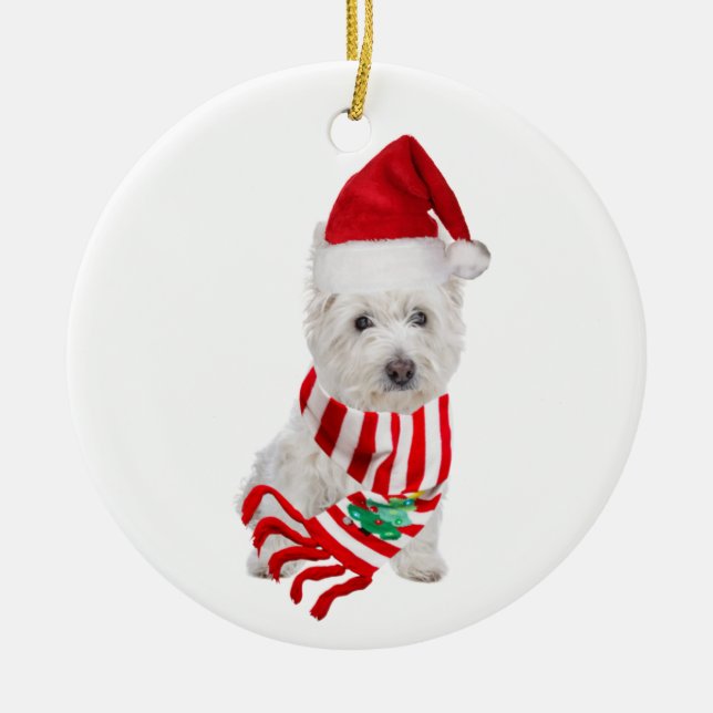 Westie with Hat Scaft Christmas Keramik Ornament (Vorne)
