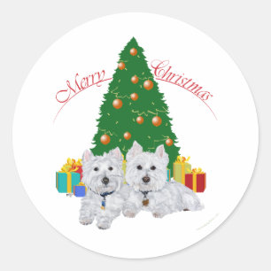 Westies am Weihnachtsbaum Runder Aufkleber