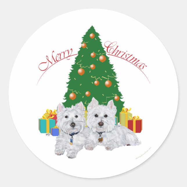 Westies am Weihnachtsbaum Runder Aufkleber (Vorderseite)