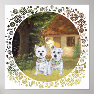 Westies in einem gemütlichen Cottage-Garten Poster