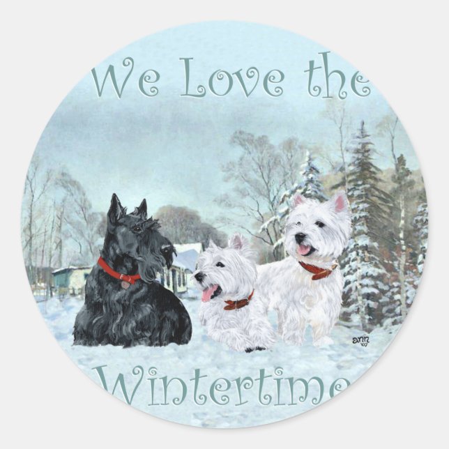 Westies & Scottie in Wintertime Runder Aufkleber (Vorderseite)