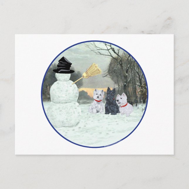Westies & Scottie mit Snowman Postkarte (Vorderseite)